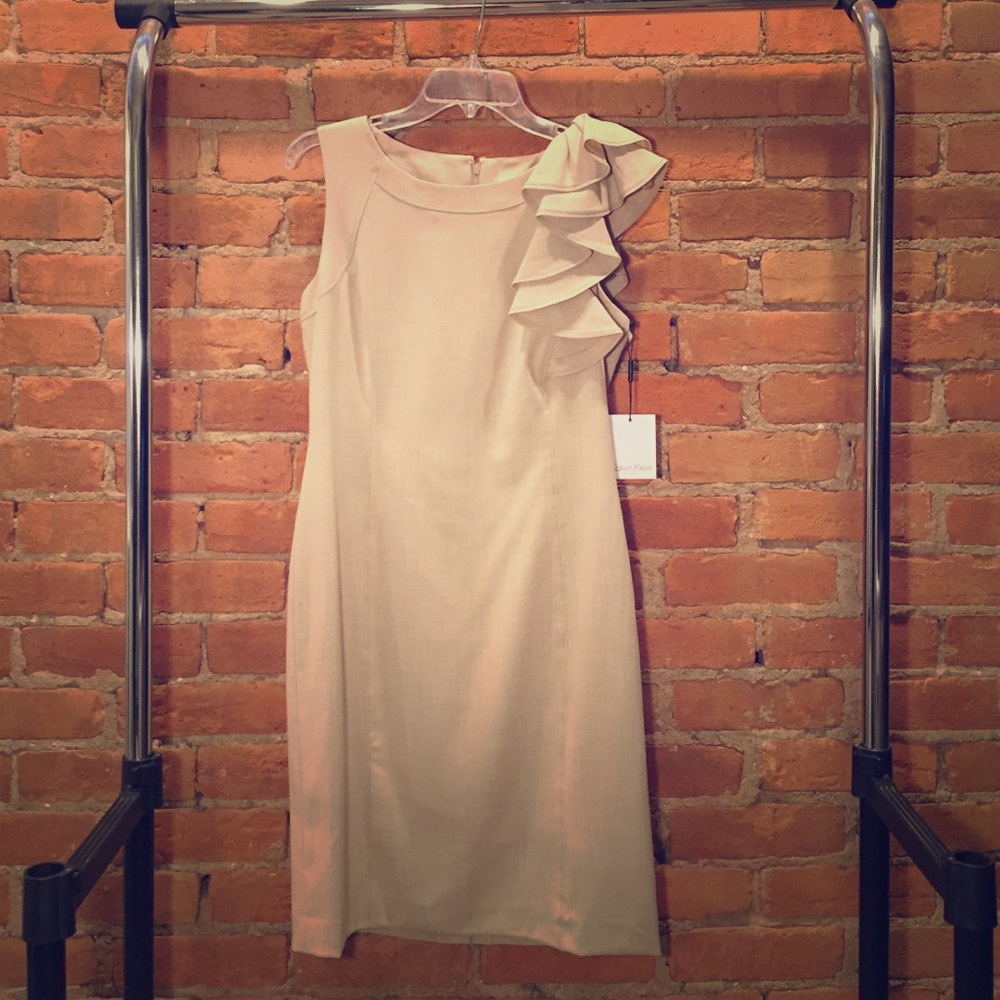 Calvin Klein Cream/ Tan Ruffle Dress